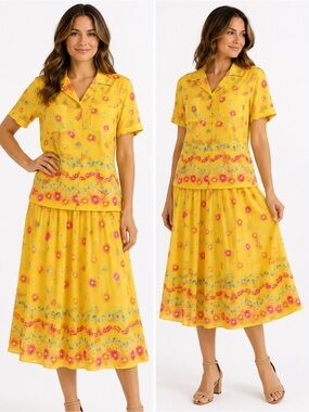 Vintage Geiger Austria Floral Wool Blend Blouse Skirt Set Yellow EU 38/US 8